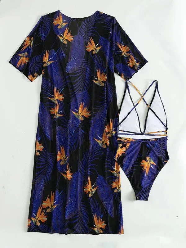 Women's polyester three-piece swimsuit bikini set with a matching cover-up coat in a patterned design.