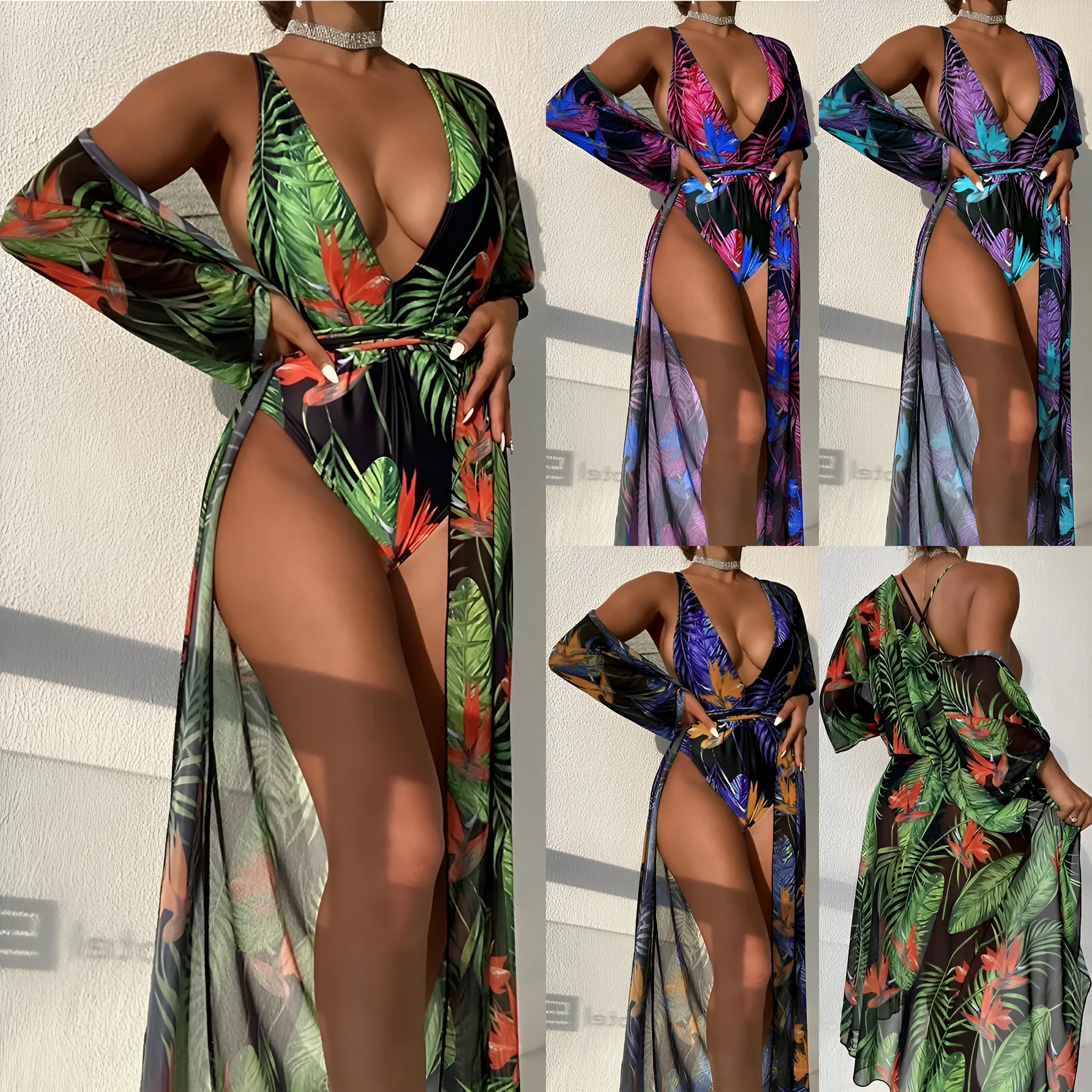 Women's polyester three-piece swimsuit bikini set with a matching cover-up coat in a patterned design.