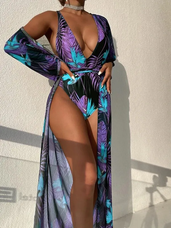 Women's polyester three-piece swimsuit bikini set with a matching cover-up coat in a patterned design.
