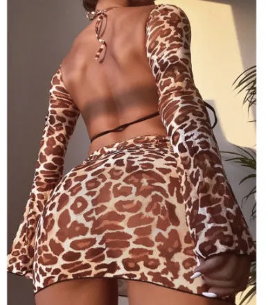 Leopard print split bikini swimsuit for women with bandeau top and skirt