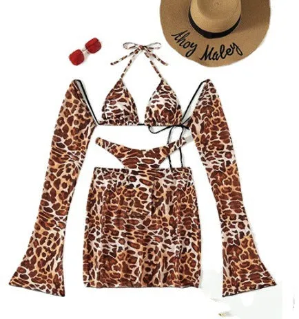 Leopard print split bikini swimsuit for women with bandeau top and skirt