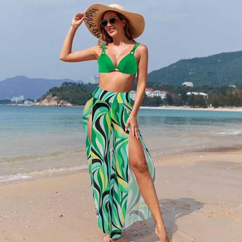 Women's polyester bikini three-piece swimsuit set with printing pattern