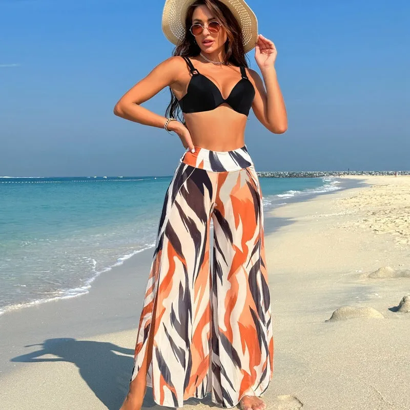 Women's polyester bikini three-piece swimsuit set with printing pattern