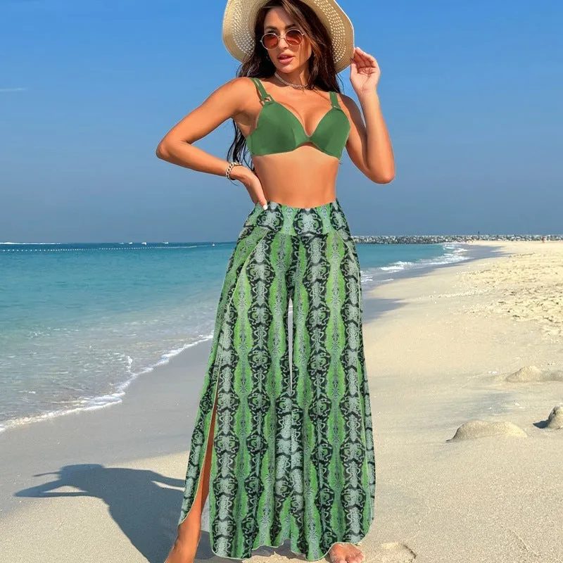 Women's polyester bikini three-piece swimsuit set with printing pattern