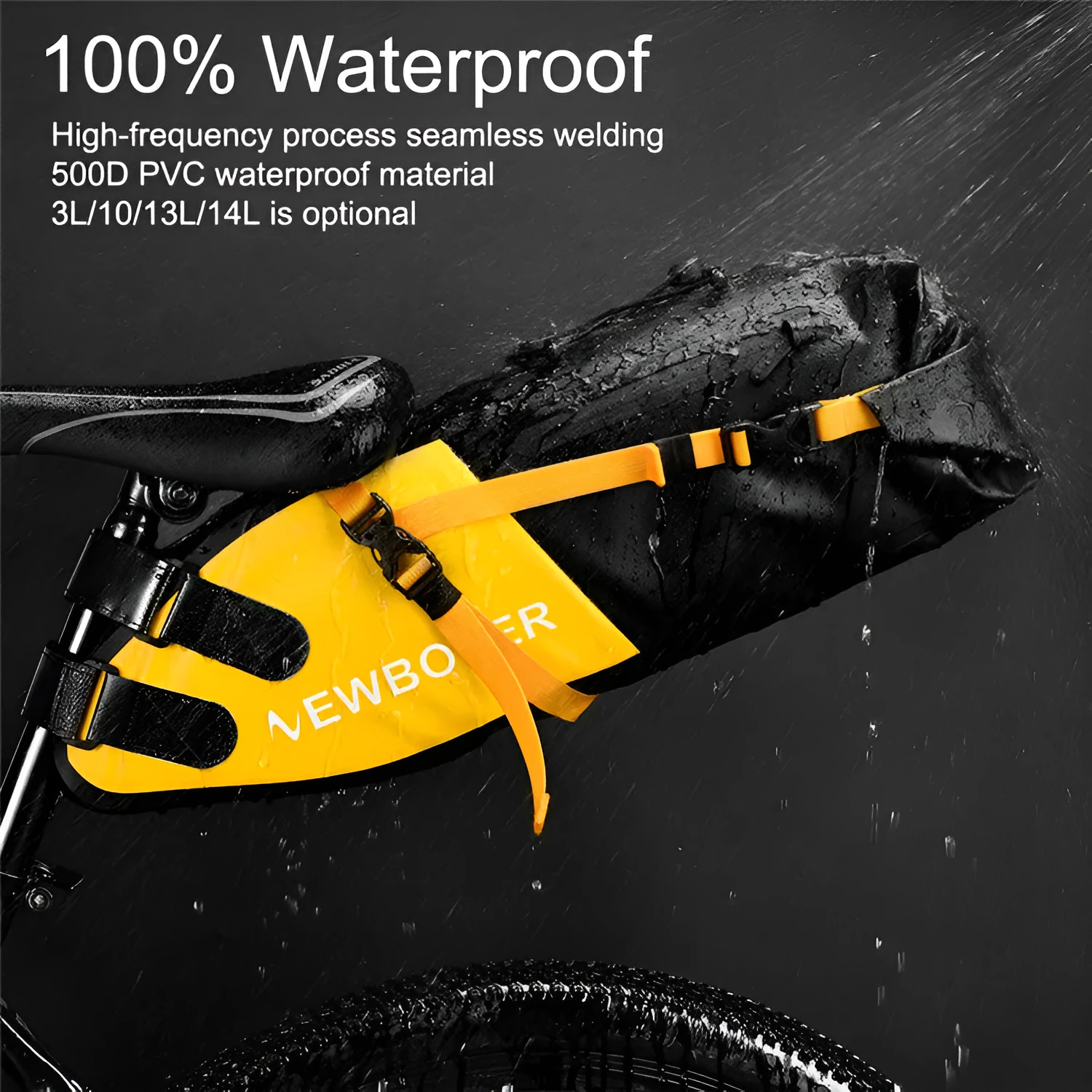 Yellow waterproof PVC bicycle tail bag mounted on a bike, showing its size and capacity.