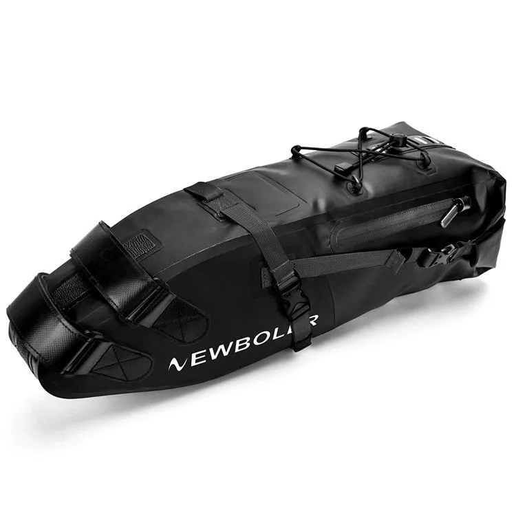 Yellow waterproof PVC bicycle tail bag mounted on a bike, showing its size and capacity.