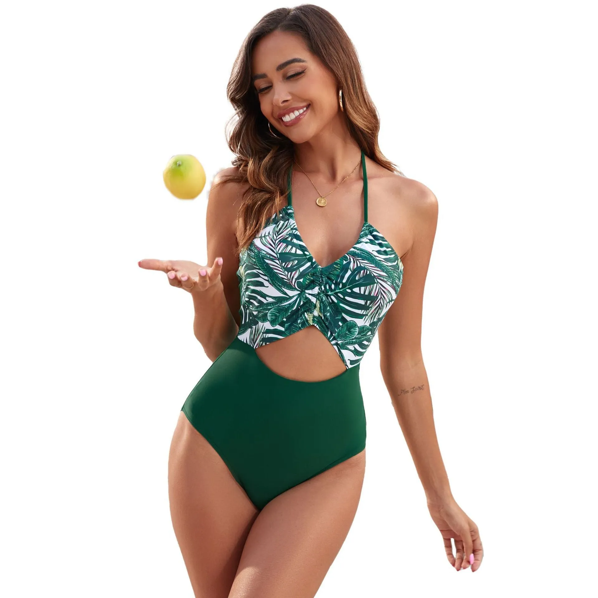 Women's printed patchwork leaf one-piece swimsuit in stretch nylon fabric