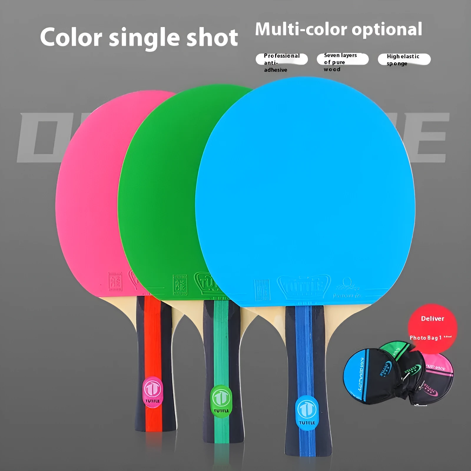 A pink pure wood table tennis racket with a long shakehand grip handle next to its matching protective cover.