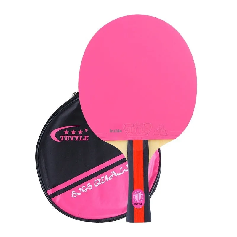 A pink pure wood table tennis racket with a long shakehand grip handle next to its matching protective cover.