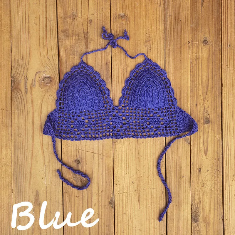 Women's backless acrylic bikini swimsuit top available in twelve colours including lake blue and light green.