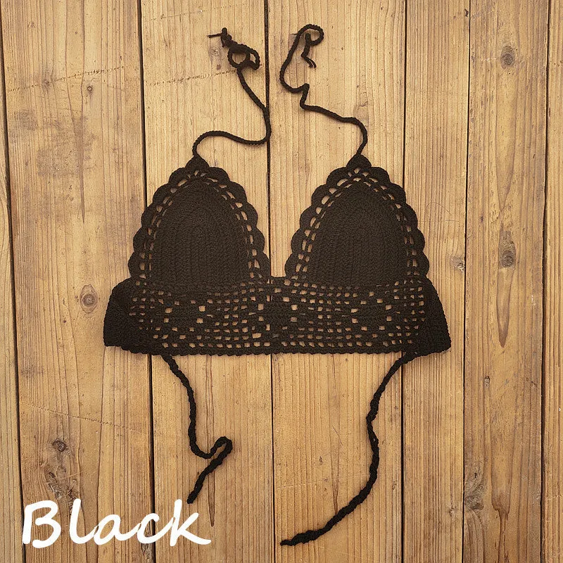 Women's backless acrylic bikini swimsuit top available in twelve colours including lake blue and light green.