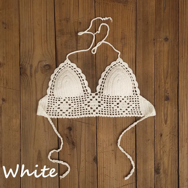 Women's backless acrylic bikini swimsuit top available in twelve colours including lake blue and light green.