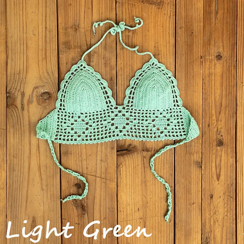 Women's backless acrylic bikini swimsuit top available in twelve colours including lake blue and light green.