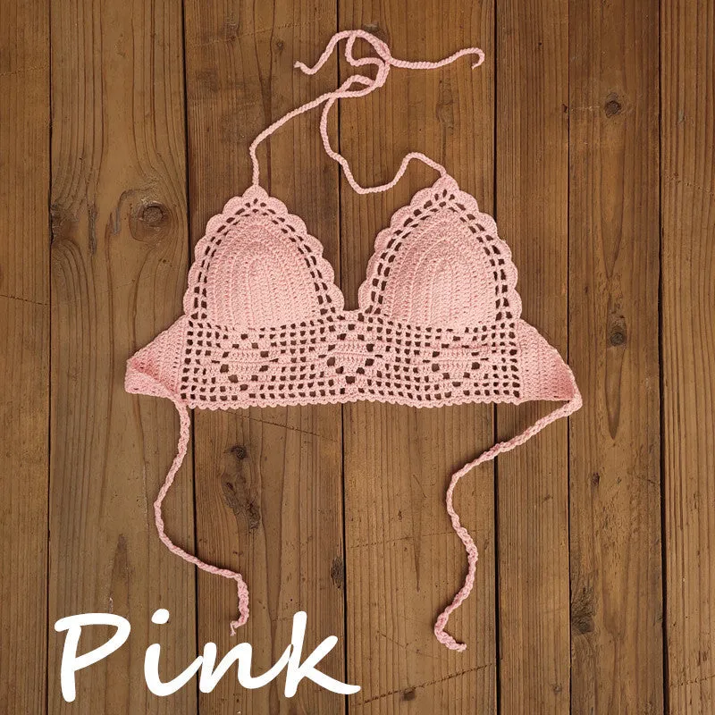 Women's backless acrylic bikini swimsuit top available in twelve colours including lake blue and light green.