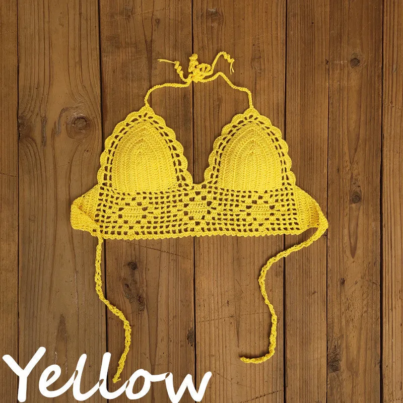 Women's backless acrylic bikini swimsuit top available in twelve colours including lake blue and light green.