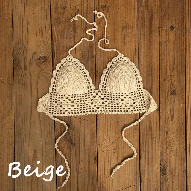 Women's backless acrylic bikini swimsuit top available in twelve colours including lake blue and light green.