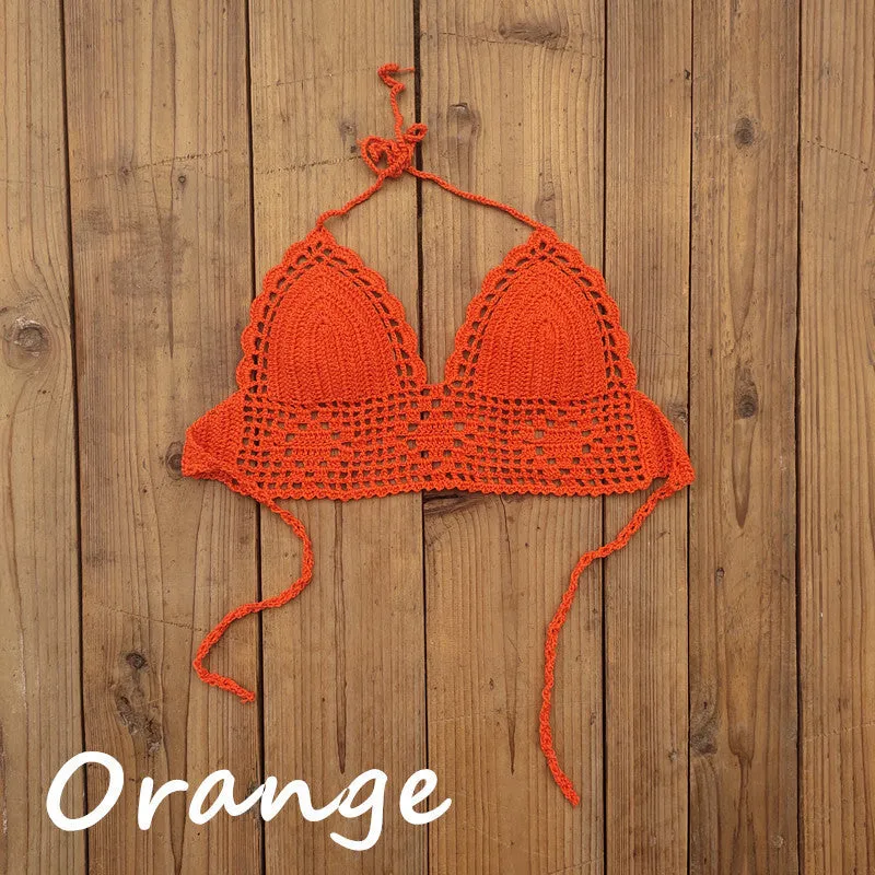 Women's backless acrylic bikini swimsuit top available in twelve colours including lake blue and light green.