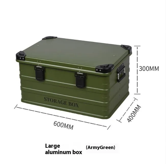 Waterproof vehicle-mounted storage box in Army Green, shown in medium size dimensions.