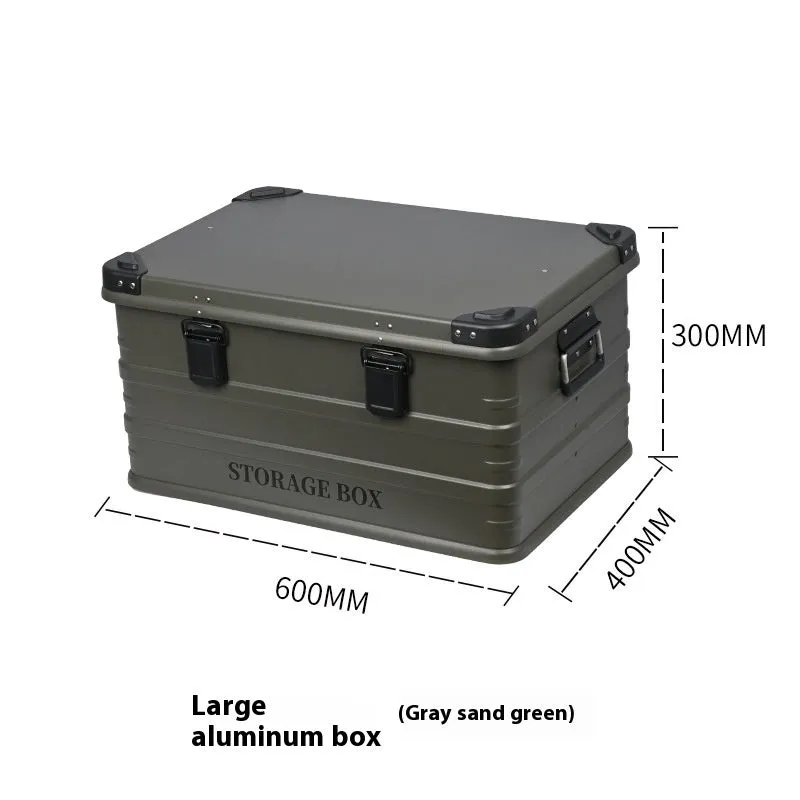 Waterproof vehicle-mounted storage box in Army Green, shown in medium size dimensions.