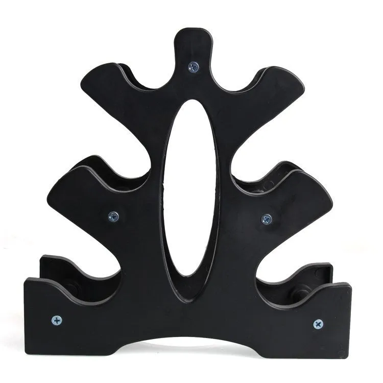 White PVC dumbbell storage rack with removable mounting bracket on a clean floor.