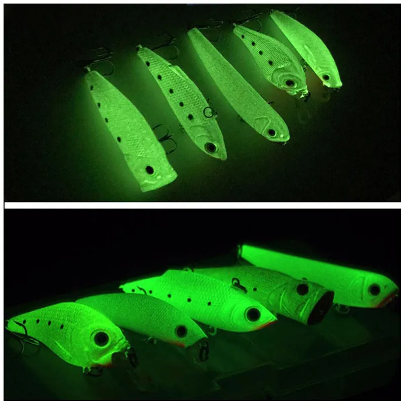 Set of five 3D fluorescent hard bait fishing lures with luminous details.
