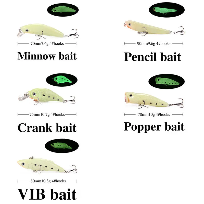 Set of five 3D fluorescent hard bait fishing lures with luminous details.