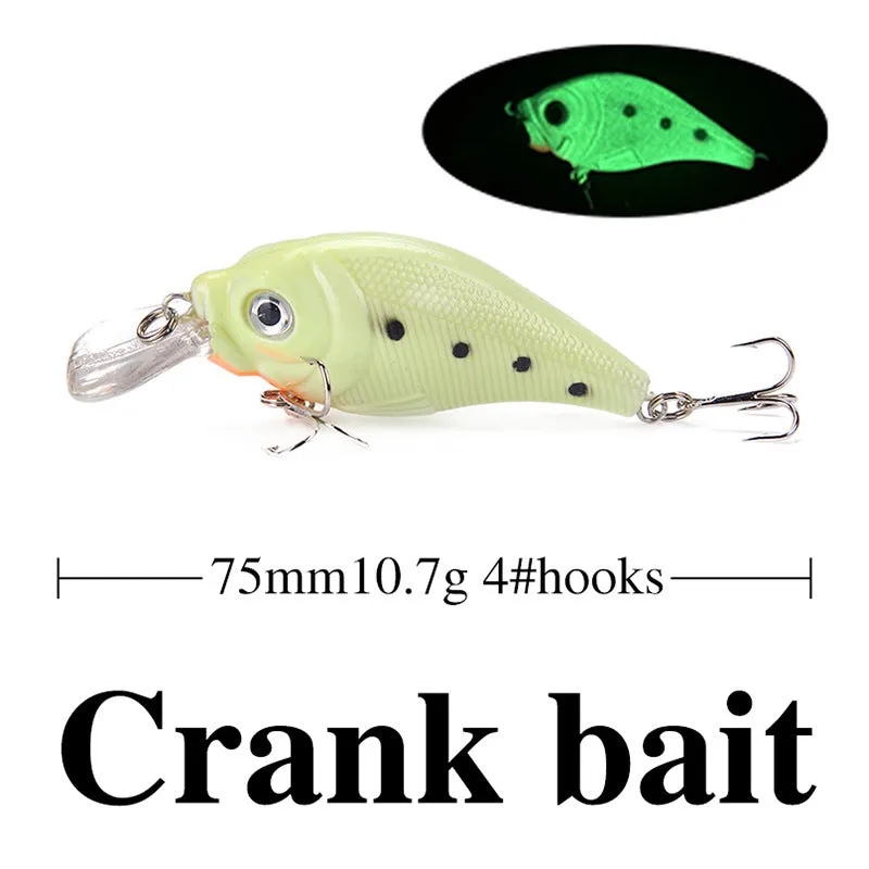 Set of five 3D fluorescent hard bait fishing lures with luminous details.
