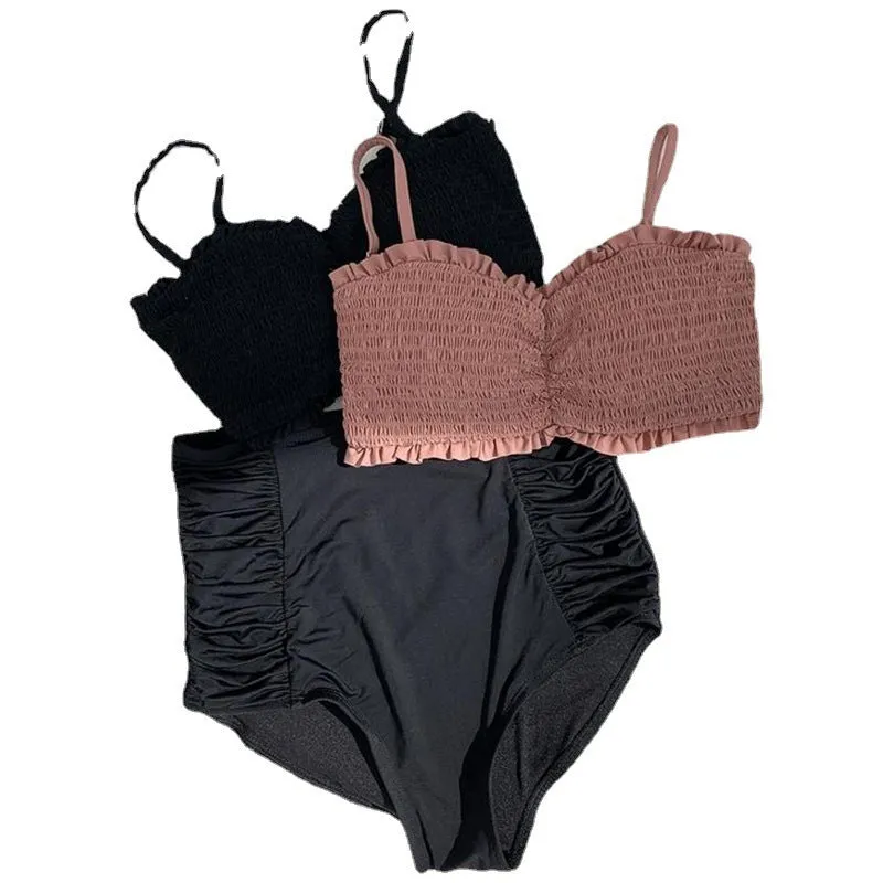 Women's retro high-waist split bikini swimsuit in cameo brown or black, made from polyester fabric.