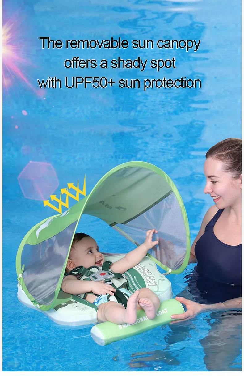 Baby inflatable swimming ring with dinosaur sun shade canopy in green colour