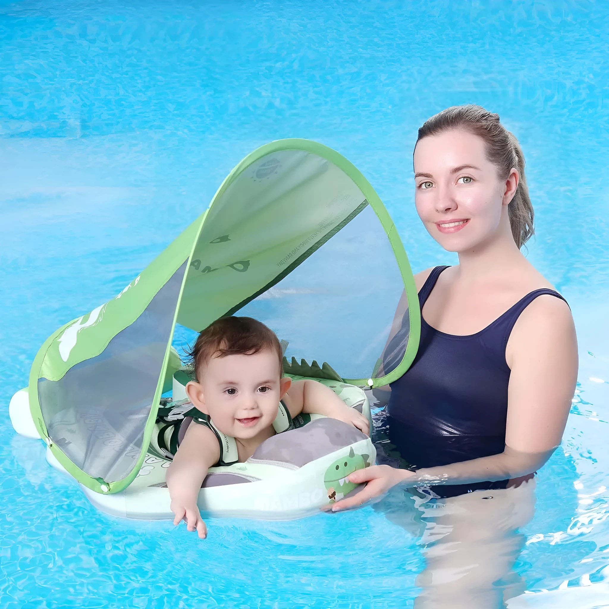 Baby inflatable swimming ring with dinosaur sun shade canopy in green colour
