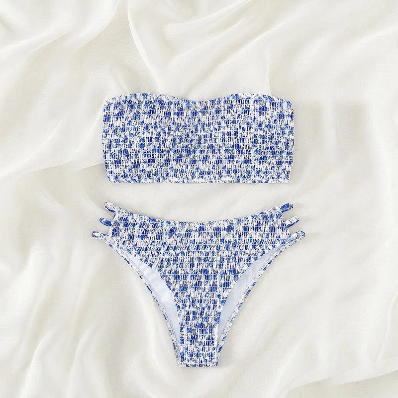 Women's strapless floral print swimsuit with high waist briefs and beauty back design.