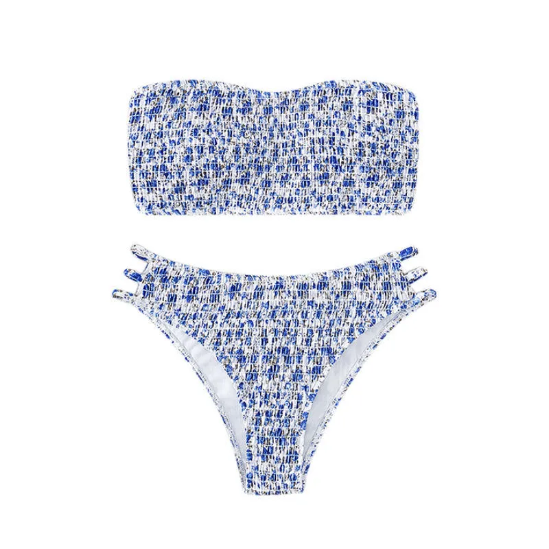 Women's strapless floral print swimsuit with high waist briefs and beauty back design.