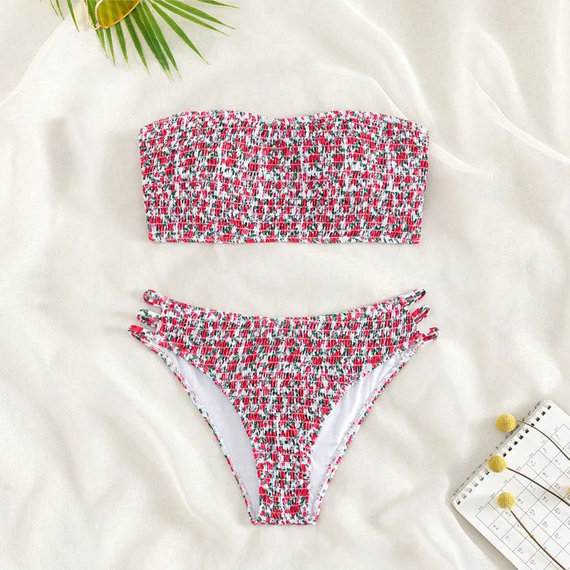 Women's strapless floral print swimsuit with high waist briefs and beauty back design.