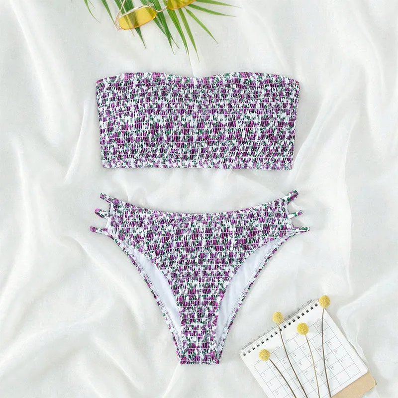 Women's strapless floral print swimsuit with high waist briefs and beauty back design.