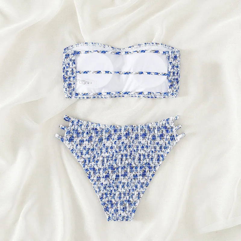 Women's strapless floral print swimsuit with high waist briefs and beauty back design.