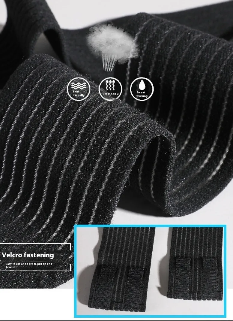 Black adjustable sports ankle support bandage wrapped around a joint