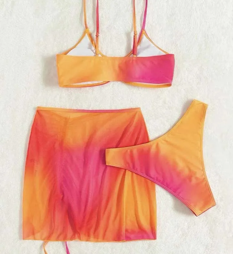 Orange gradient women's three-piece swimsuit with loop buckle suspender