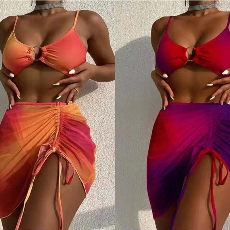 Orange gradient women's three-piece swimsuit with loop buckle suspender