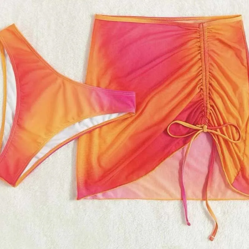Orange gradient women's three-piece swimsuit with loop buckle suspender