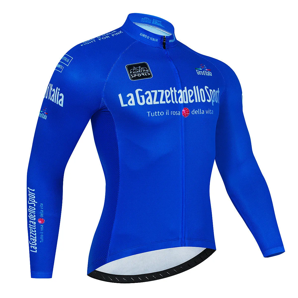 Long sleeve mountain bike cycling jersey in a patterned colour, shown on a model.