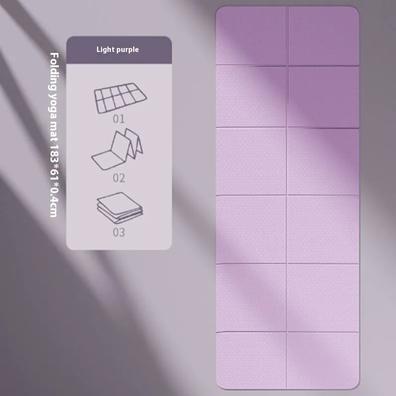 A folded and unfolded purple TPE yoga mat on a wooden floor, showing its size and folding design.