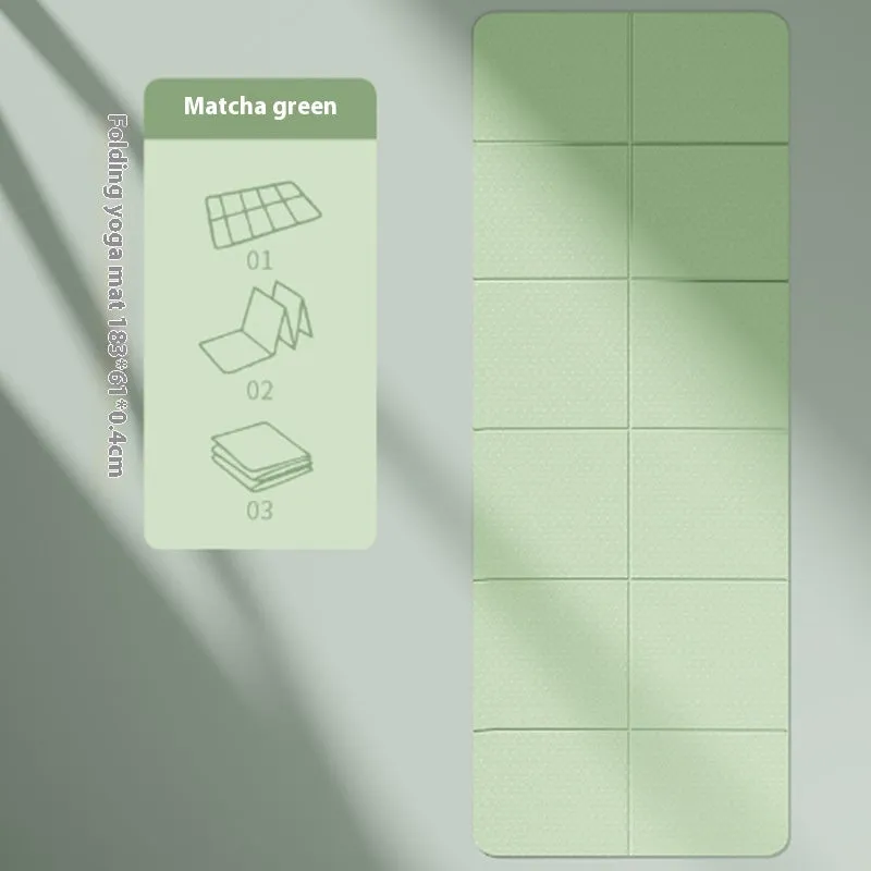 A folded and unfolded purple TPE yoga mat on a wooden floor, showing its size and folding design.