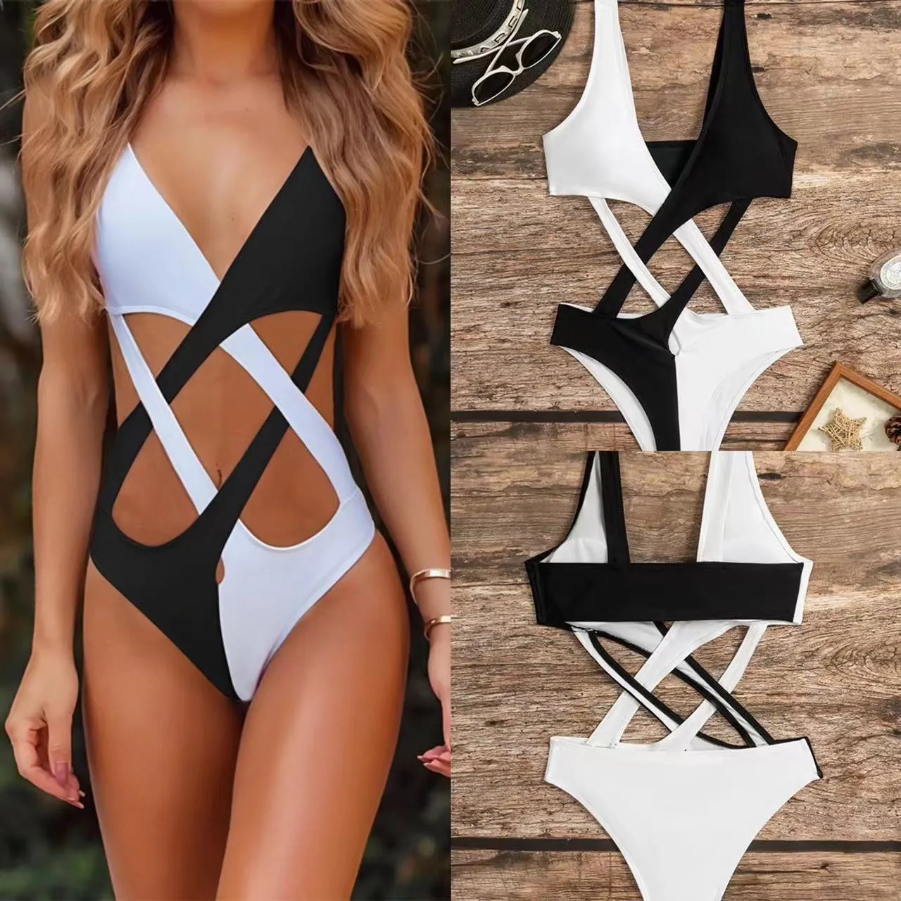 White women's one-piece swimsuit with colour blocking pattern and hollow-out detailing