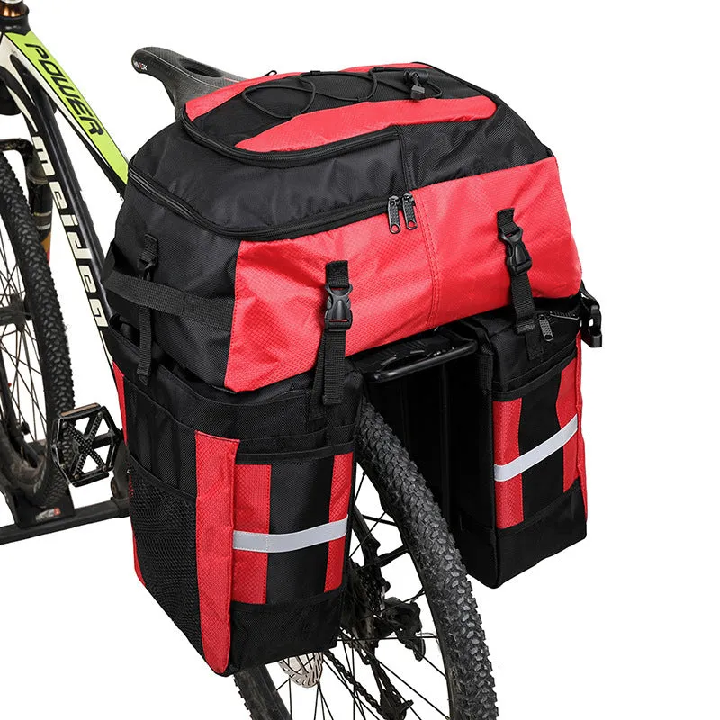 Rhinoceros 70-litre green bicycle rear storage bag mounted on a bike rack for touring.