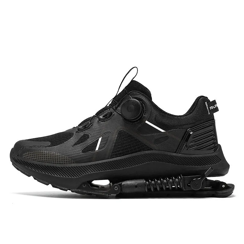 Black running shoes with mesh upper, leather stitching details, and buckle fastening