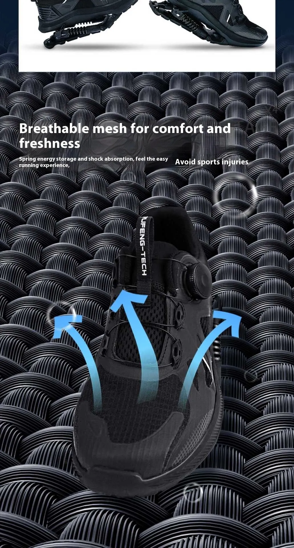 Black running shoes with mesh upper, leather stitching details, and buckle fastening