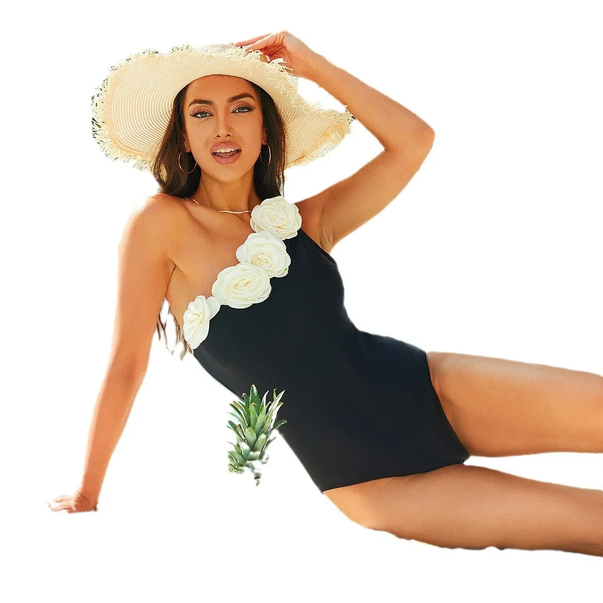 Solid black women's one-piece swimsuit on a white background.