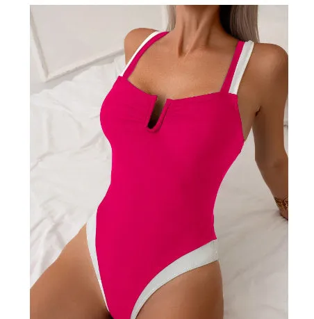 Women's deep V-neck bikini swimsuit in black or rose red with European/American sizing
