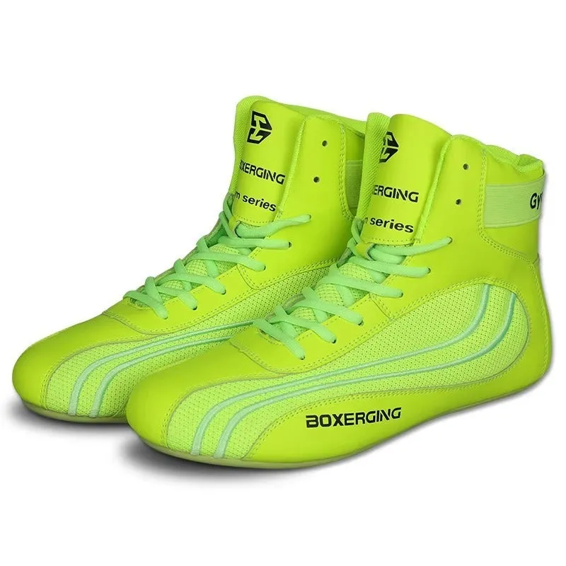 Mixed combat training high-top wrestling shoes in green, with mesh and leather upper and rubber sole.