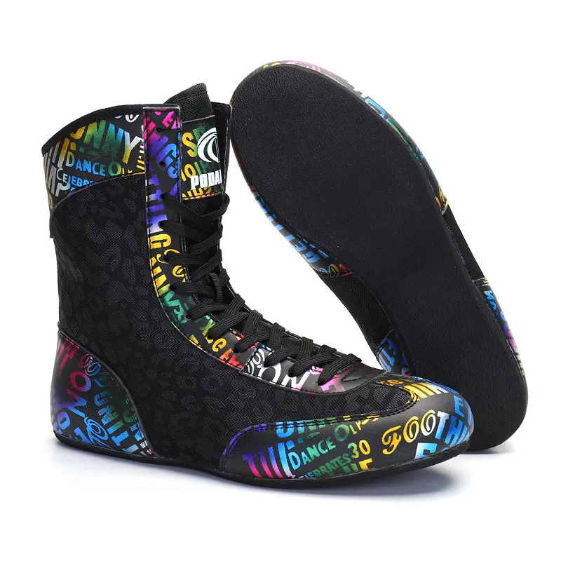 Mixed combat training high-top wrestling shoes in green, with mesh and leather upper and rubber sole.
